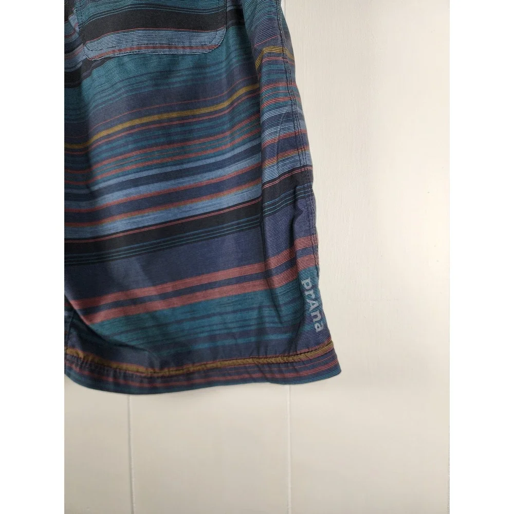 Prana Mens XL Breathe Shorts Blue Teal Striped Elastic Waist Outdoor Hiking